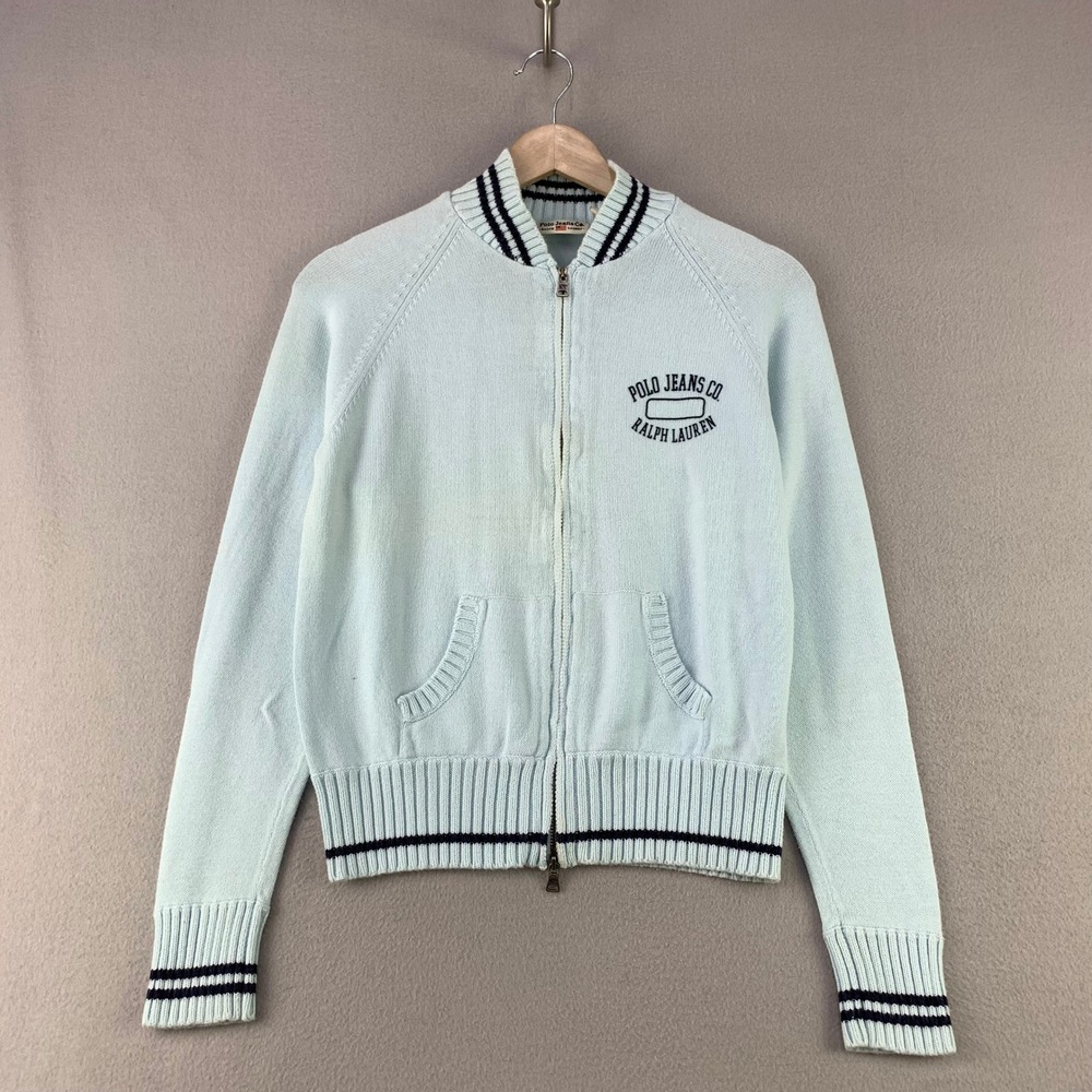 VTG Ralph Lauren Polo Jeans Co Track Jacket Womens M Blue Chunky Knit Y2K Prep